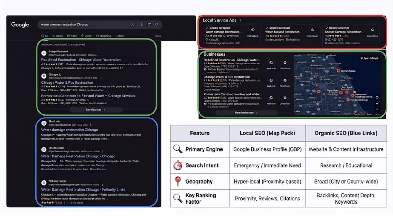 Example Google search results page for a Chicago restoration query showing ads, Local Pack map results, and organic blue links